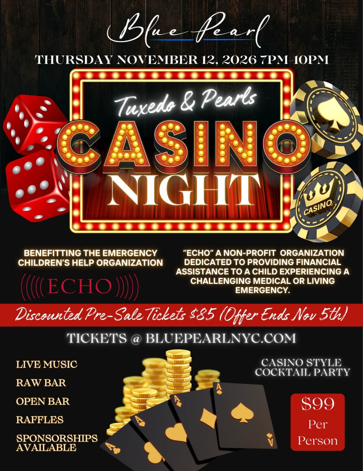 Tuxedo and Pearls Casino Night at Blue Pearl, Thursday November 12, 2026, 7PM to 10PM