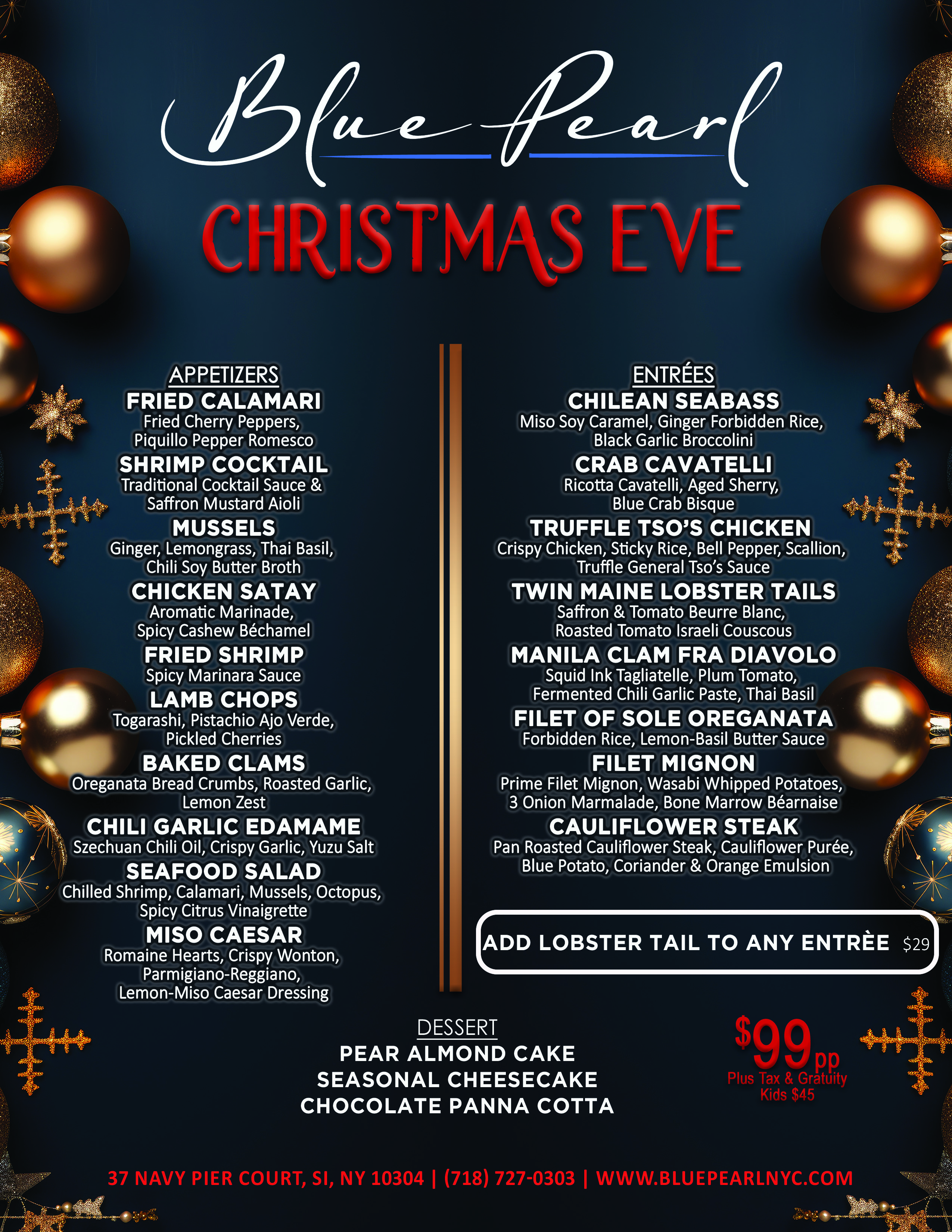 Blue Pearl Christmas Eve prix fixe menu, with appetizers, entrées and dessert