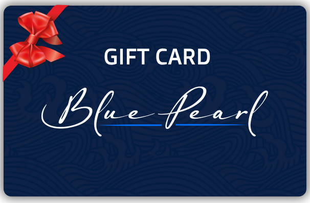 Blue Pearl gift card with a red ribbon